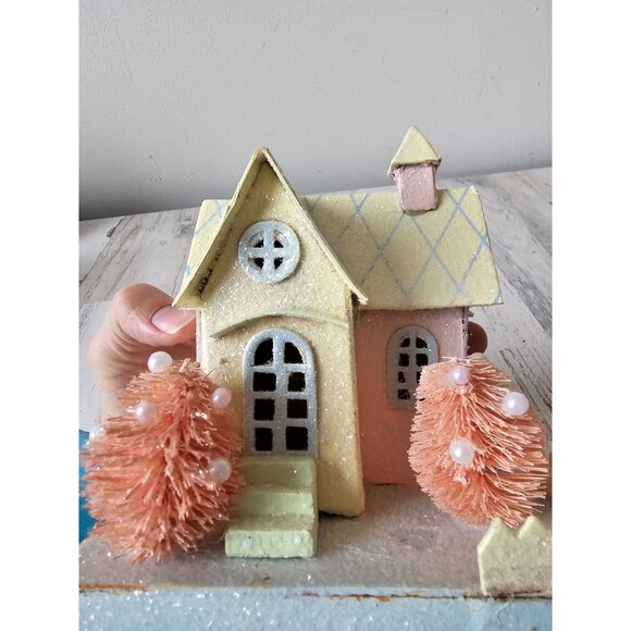 Pier 1 cardboard cottage village house tree spring Easter decor glitter sparkle - Picture 10 of 13